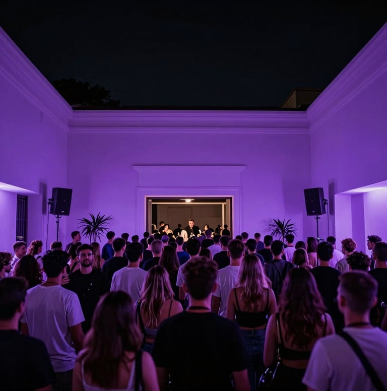 A wide-angle professional photograph of a sophisticated crowd at a high-end electronic music event in a Spanish / Latin American upscale venue. The lighting is dominated by night black and electric violet tones. Minimalist architectural details.