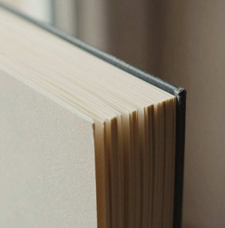 Macro close-up of deckled book edges and heavy cream paper stock under soft natural light