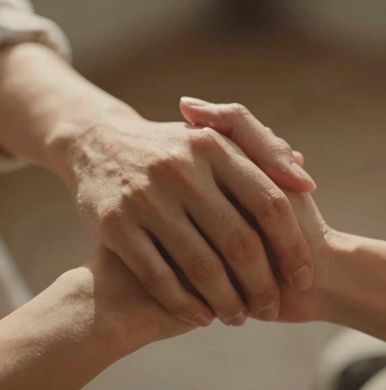 A cinematic detail shot of two hands interlaced, shot with a shallow depth of field. Warm, sun-soaked lighting creates a sense of intimacy and authenticity. Incorporates subtle tones of #C06C4C in the warm glow.