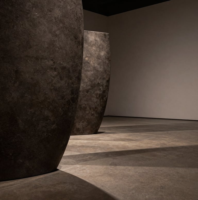 A sophisticated and minimalist photography of a large-scale artistic installation. Deep charcoal and muted earthy brown tones dominate the scene. The composition focuses on the interplay between a textured sculptural element and dramatic, long shadows. A contemplative mood in an Argentine gallery environment.