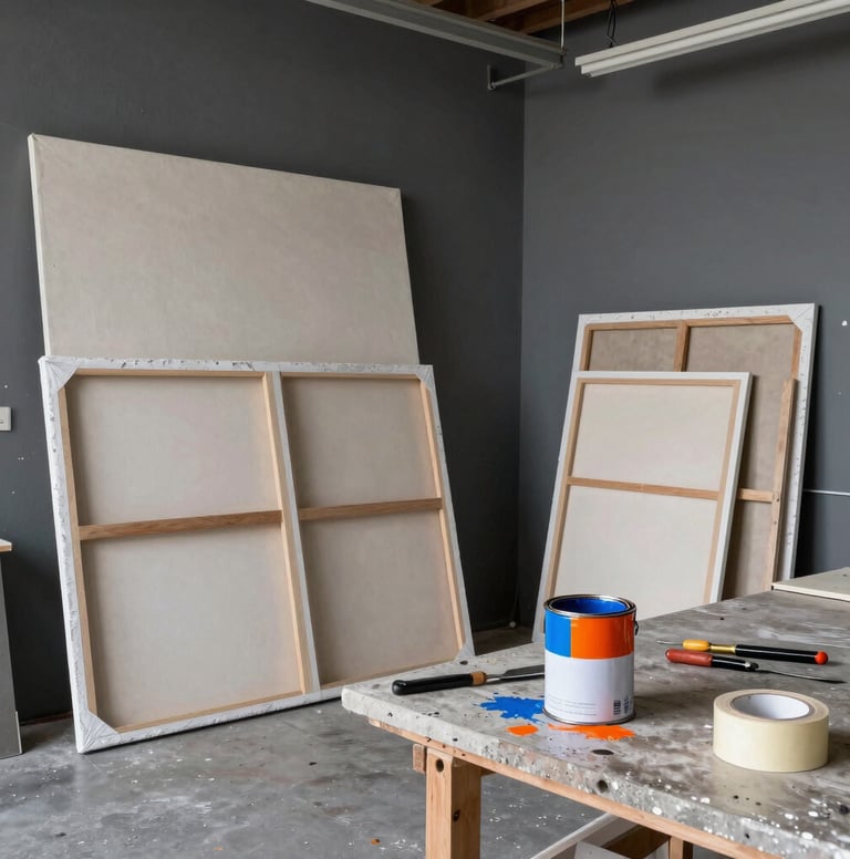 A wide shot of a messy, industrial artist studio in a International / Urban Art Scene warehouse. Large canvases are leaned against deep slate grey walls. On a workbench made of poured concrete, there are open cans of vibrant blue and safety orange paint, several palette knives, and rolls of architectural tape. Raw, authentic lighting.