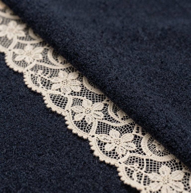 A detailed close-up of premium fabric textures, showcasing a mix of dark charcoal blue wool and delicate cream lace, captured with high-end editorial lighting in a North American / Western European fashion atelier.