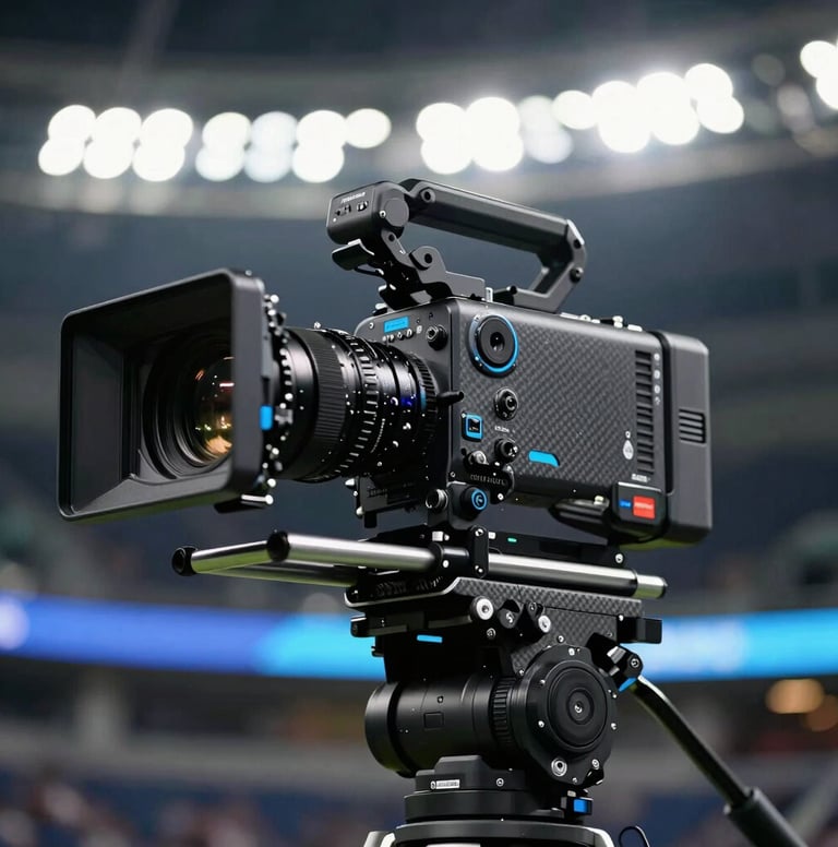 Close-up of a professional cinema camera mounted on a high-tech carbon fiber gimbal, reflecting the bright stadium lights of a North American arena, midnight black and electric azure accents, sleek industrial design.