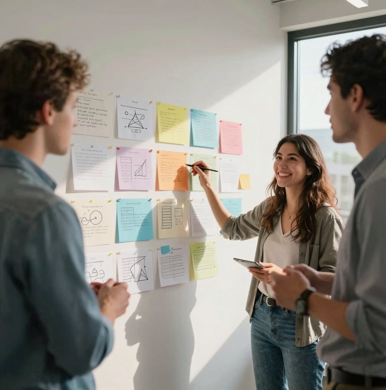 A dynamic photography of a creative brainstorming session in a sunlit North American design firm. Professionals are interacting with colorful storyboards on a wall, radiating passionate and friendly energy.