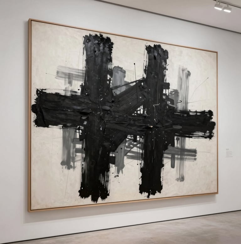 Large-scale abstract artwork by Khaled Tirikli displayed on a white wall in a modern Middle Eastern gallery. The painting features massive, heavy black brushstrokes contrasting with light grey shadows in a minimalist, museum-style setting.