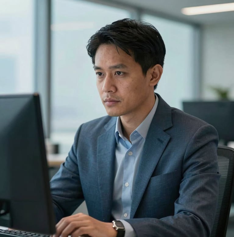 A portrait of a focused professional in a modern Southeast Asian / Indonesian office, wearing business attire, looking at a screen, high-end photography with Muted Steel Blue and Soft Sky Blue accents in the background.