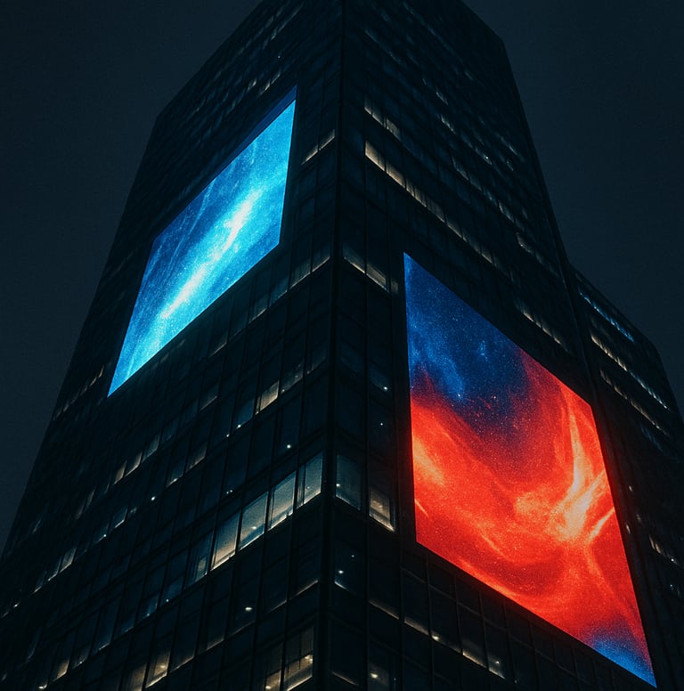 Low-angle perspective of a glass skyscraper in Seoul featuring massive digital billboards. The night sky is a deep charcoal. Digital noise and sharp architectural lines create a semi-cyberpunk and technical aesthetic.