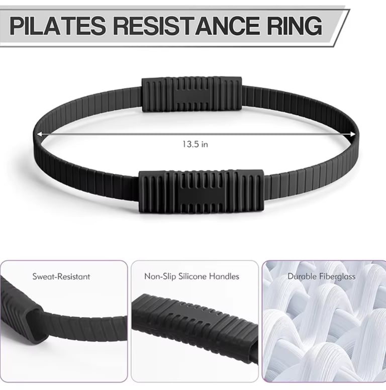 Black Pilates resistance ring with 13.5-inch diameter and non-slip silicone handles, made of durable, sweat-resistant
