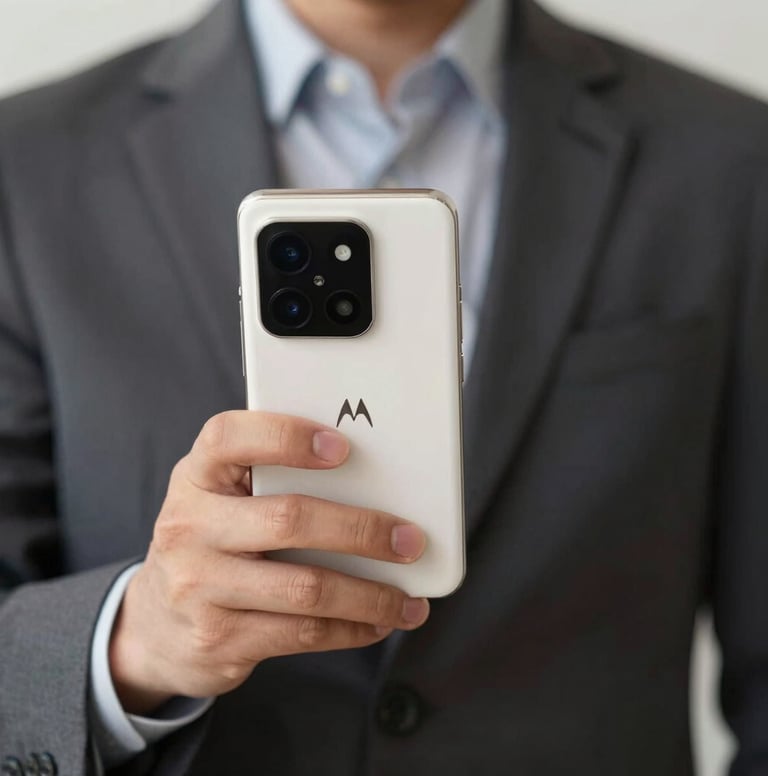 A close-up, editorially-styled shot of a premium business professional holding a Motorola device. The focus is on the sleek product design and the professional's attire. High contrast, sharp focus, with a color palette of deep charcoal (#111111) and warm off-white (#F0EDE8).