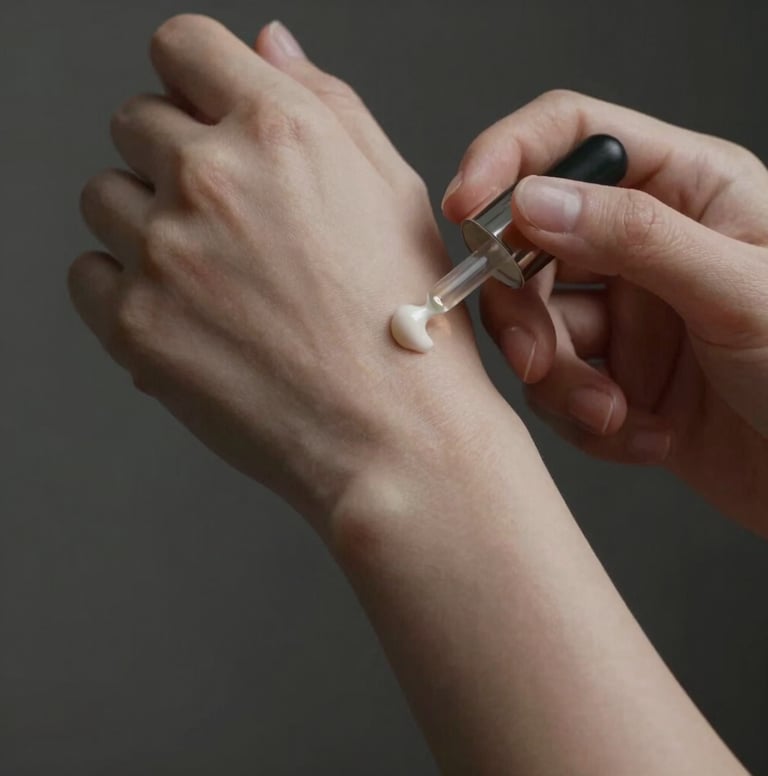 Artistic close-up of hands applying a premium cosmetic product, focus on texture and soft skin, lighting is moody and artistic with deep shadows, incorporating #0D0D0D and #FDFBF7 tones.