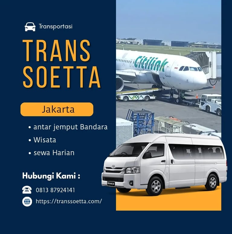 Brosur rental Trans Soetta, dengan background warna biru tua, pesawat Citilink dan Hiace silver.