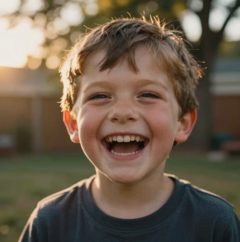 A close-up portrait of a laughing child in a North American / US backyard. The image is candid and cinematic, with golden hour sunlight filtering through trees, creating a warm, inviting glow.