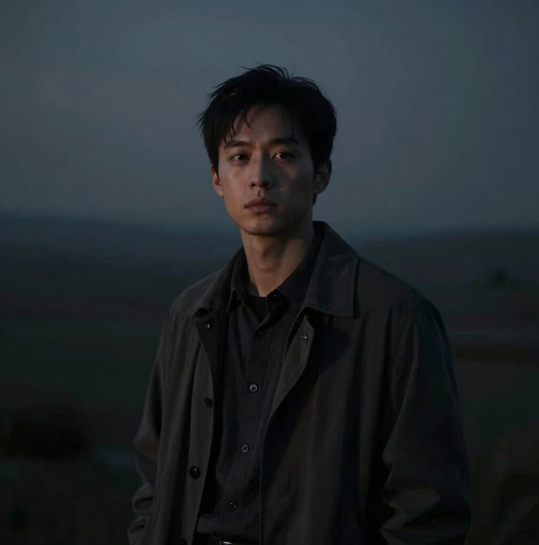 A dramatic landscape-oriented film still featuring the actor in a moody, low-light environment. The color palette is dominated by #0F0F0F and #333333 with a single point of light.