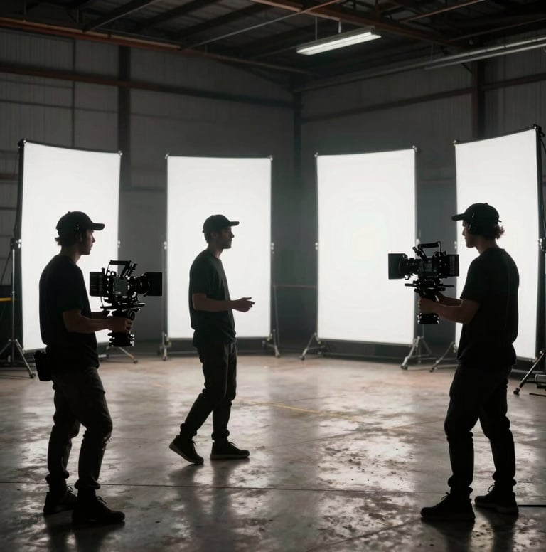Action shot on a music video set in a sprawling industrial warehouse in the US, silhouettes of crew against bright white LED panels, professional camera rigs, edgy atmosphere.