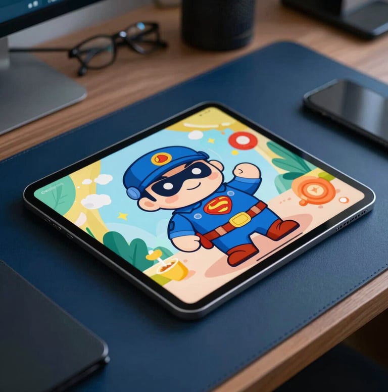 A close-up shot of a sleek tablet resting on a desk in a North American / US home office. The screen shows a vibrant, colorful cartoon illustration of a superhero security character. The surrounding desk has deep midnight blue accents and professional creative tools.