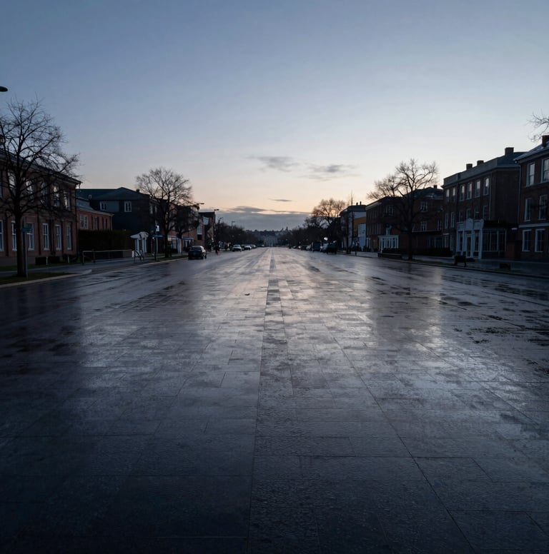 A wide-angle horizontal photograph of an empty city street at dawn. The pavement is a deep charcoal, wet with rain, reflecting the muted slate blue light of the early morning sky. The atmosphere is calm, elegant, and silent.