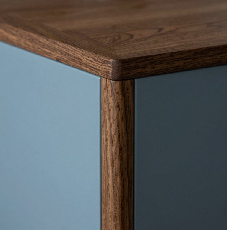 Photography of a custom-designed furniture detail in a Northern European home. Focus on the seamless joint of dark oak wood and soft blue lacquer. Minimalist, professional close-up with soft cinematic shadows.