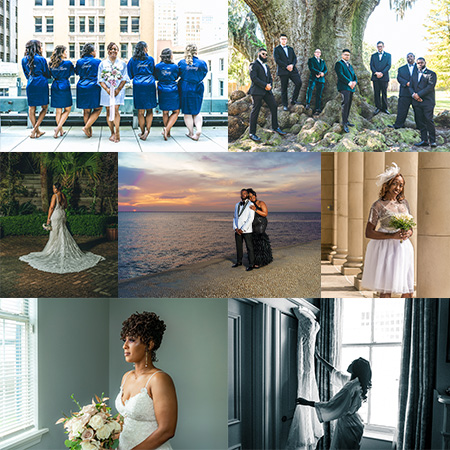 a collage of a wedding party with a bride and groom