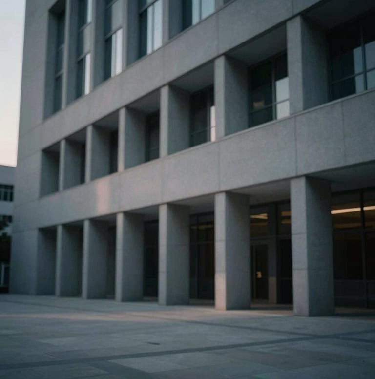 A wide, cinematic shot of a modern architectural structure representing an institution, like a library or courthouse. Deep shadows create a sense of mystery and importance. The color palette uses #263238 for shadows and #F5F5F5 for highlights. Moody and professional.