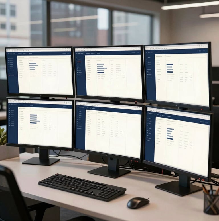A wide photography shot of a multi-monitor workstation in a creative office space. The screens show a complex web application dashboard with elegant dark blue and off-white styling. North American urban office context.