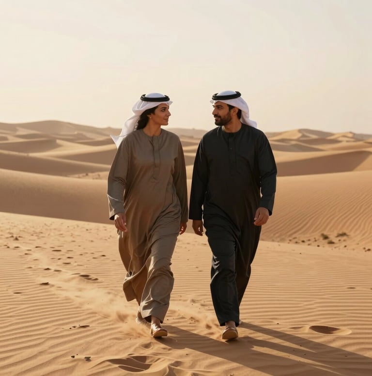 A cinematic wide shot of a couple walking through a soft sand-colored desert landscape in the Middle Eastern / Gulf region, warm golden sun, charcoal accents in their modern modest attire, authentic connection.