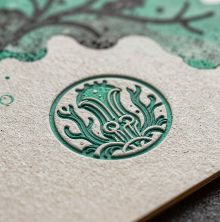 Macro photography of deep sea green and charcoal ink textures on recycled paper. The shot captures the intricate detail of an embossed logo on a heavy cardstock sample, showcasing the craftsmanship of a North American / US packaging professional.