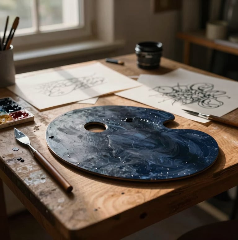 An atmospheric photography shot in a European / French artist's studio. Close-up on a wooden table covered with oil paints, palette knives, and sketches. Warm evening light filtering through a window creates long, elegant shadows. The palette is dominated by midnight navy and soft linen tones.