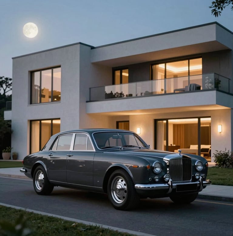 Cinematic wide shot of a luxury vintage car parked in front of a modern architectural villa at dusk. The scene is illuminated by the soft glow of interior lights and moonlight. Dominant colors are dark gray, black, and white accents. Global / Hispano setting, luxury atmosphere.