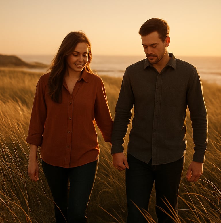 Candid shot of a couple walking through North American coastal tall grass under a warm golden hour sun. The photography style is cinematic and lifestyle-focused, featuring terracotta and charcoal tones in a natural, authentic setting.