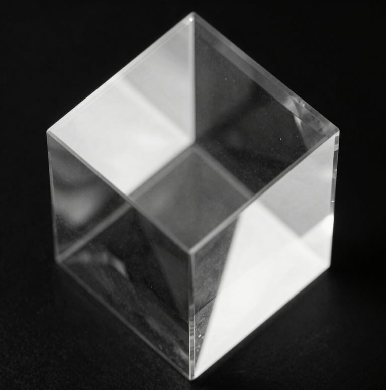 A black and white close-up of light refracting through a heavy glass prism. The background is a solid deep black, highlighting the brilliant white and soft gray highlights within the glass. Sophisticated, clean, and artistic composition.