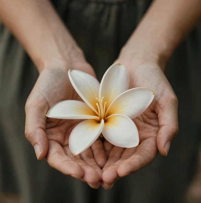 An intimate, artistic macro shot of two hands gently holding a small tropical flower. The focus is soft, highlighting the texture of the petals and the connection between the hands. The lighting is warm and low-contrast, featuring shades of #C7B7A3 and #5F705B.