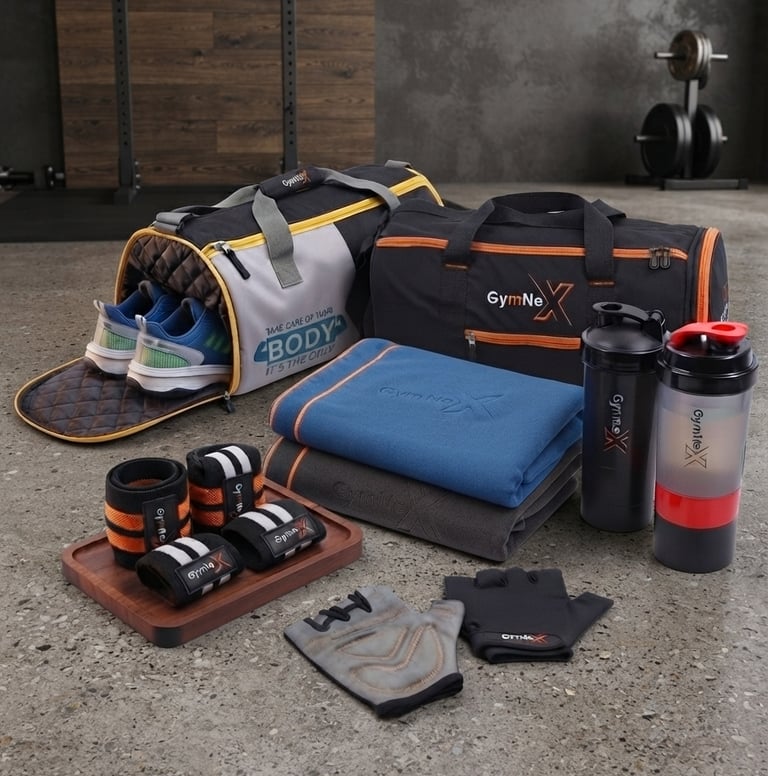 Gym bags, workout gear, protein shakers, and weightlifting accessories arranged on a gym floor.