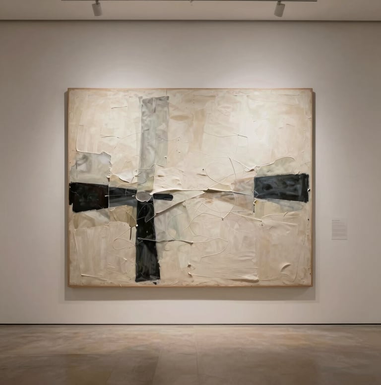 A wide-shot photograph of a minimalist art gallery in a Western city. On a soft beige wall hangs a large-scale abstract painting with heavy sculptural texture. The lighting is soft and professional, casting gentle shadows across the ridges of the artwork.