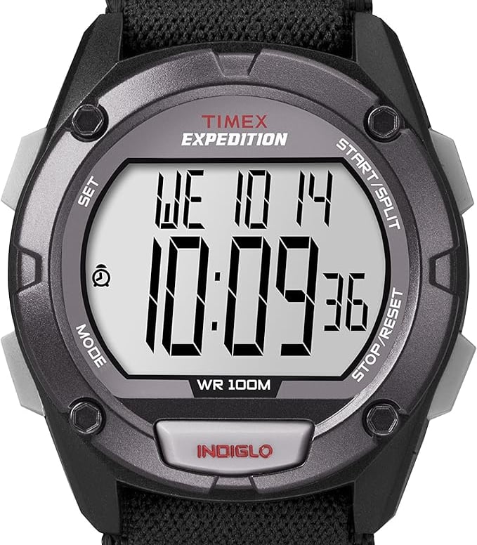 Timex Expedition digital sports watch with black nylon strap and Indiglo night-light display.