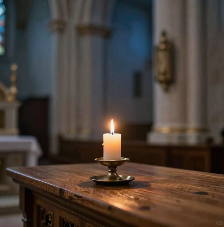 A serene candid photograph of a single candle burning on a wooden altar. The background is softly blurred, showing the textures of a historic chapel. The image is elegant and trustworthy, featuring a color palette of warm #A79E8B wood and deep #1A2F3C blues in the shadows.
