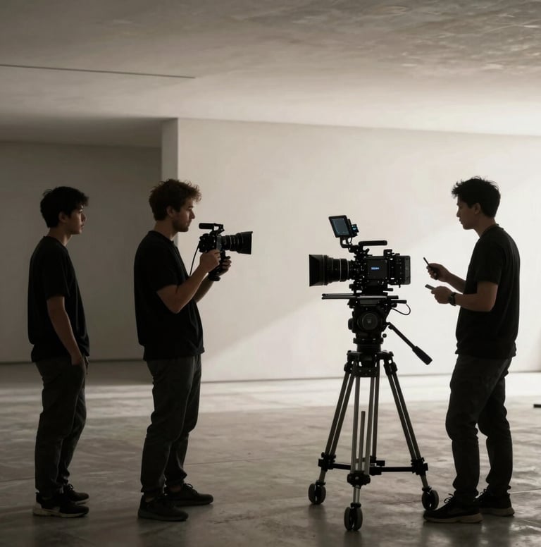A high-end cinematic production crew in action within a North American / US minimalist architectural space. The lighting is moody and sophisticated, featuring rich black shadows and off-white highlights on premium camera equipment.