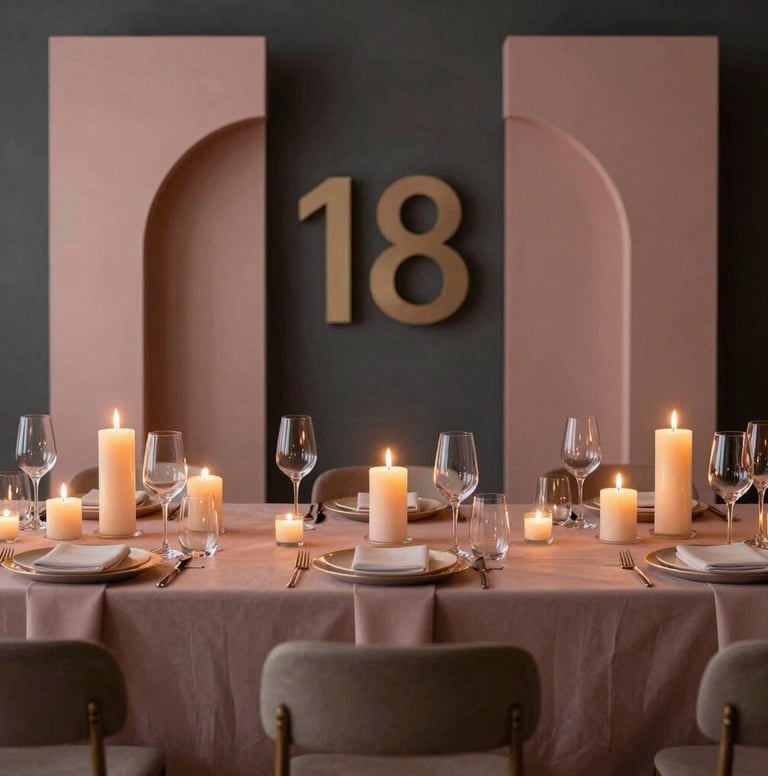 Modern and sophisticated event decoration for an 18th birthday party in Spain, warm candlelight, minimalist glass details, dusty rose and charcoal color palette.