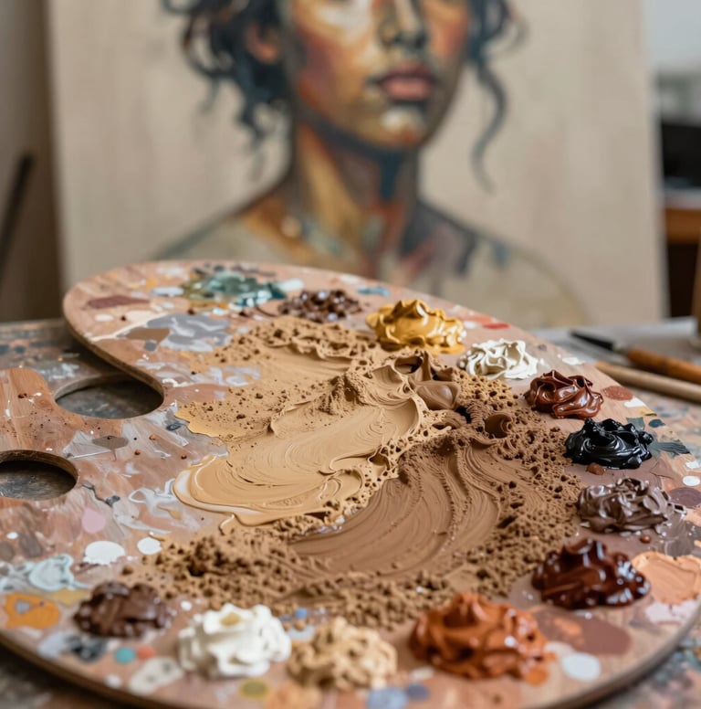 A vertical, close-up shot of an artist's workspace. A palette is covered in thick dabs of warm sand and muted brown oil paint. In the background, out of focus, a textured canvas shows the beginning of a soulful, organic portrait.