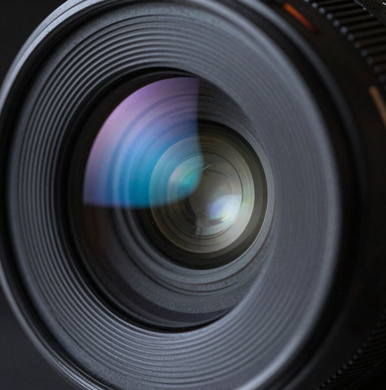 A macro shot of a camera lens element, reflecting neon blue and muted slate light patterns, extremely sharp detail, dark slate shadows.