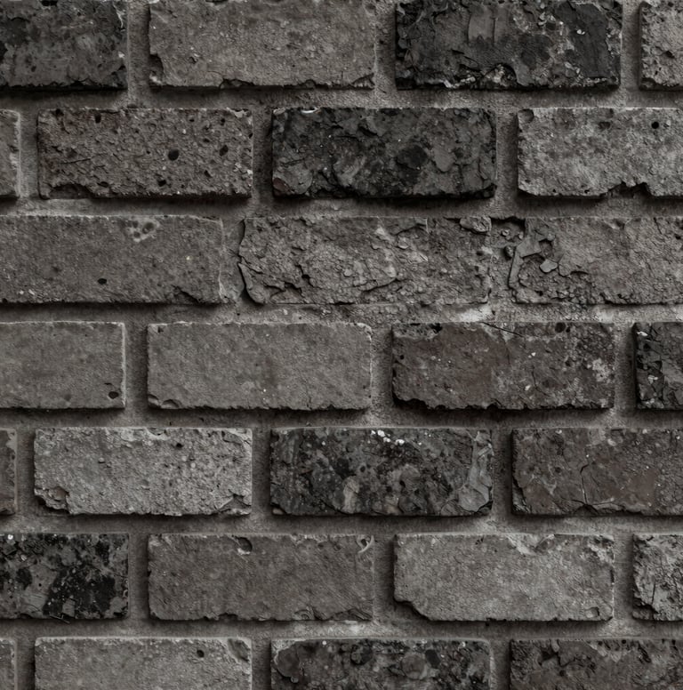 Macro detail shot of weathered brick and raw concrete texture. The colors are muted #6B705C and dark #1A1A1A. Harsh, direct lighting that highlights every imperfection. Minimalist but powerful.
