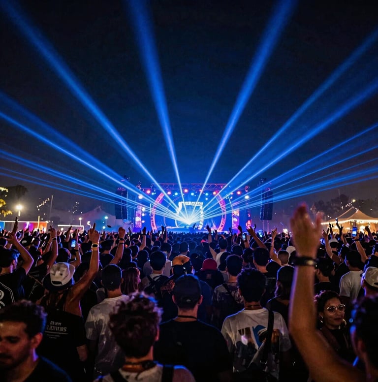 A wide-angle view of a large, ecstatic festival crowd under a canopy of laser lights. Dominant colors are #0A0A0F in the shadows and #7A7CF1 in the beams of light. High energy and electrifying nightlife presence.