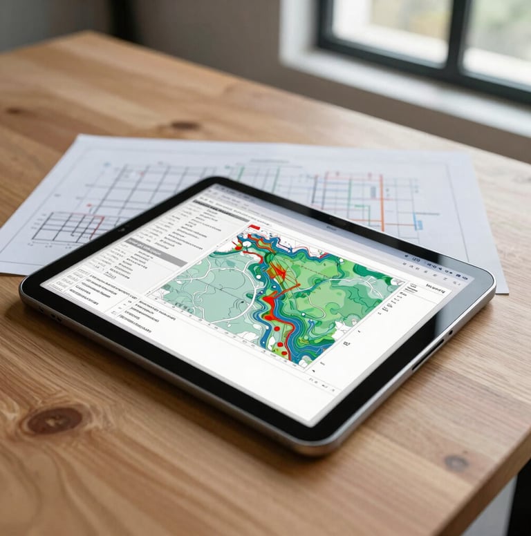 A detailed photograph of civil engineering plans and a digital tablet showing hydrogeological data, resting on a clean wooden table. Natural lighting through a window, professional Southeast Asian workplace atmosphere with a minimalist design.