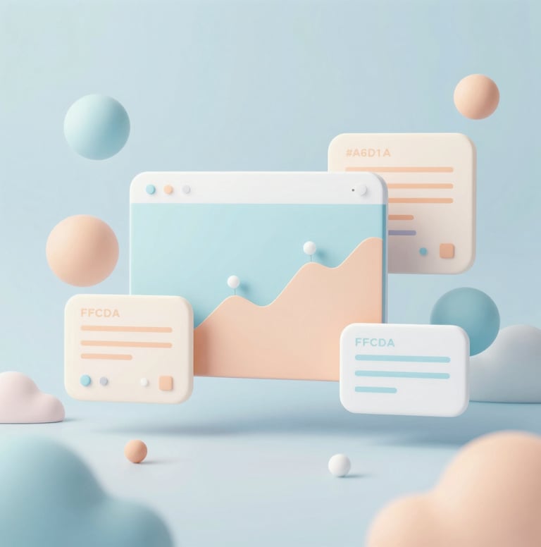 A wide artistic composition showing floating organic UI shapes, soft bubbles, and pastel-colored graphs in #A6D1FF and #FFC6A6. The scene is magical and imaginative, representing a seamless and stress-free workflow for freelancers. Dreamy, sensitive style.
