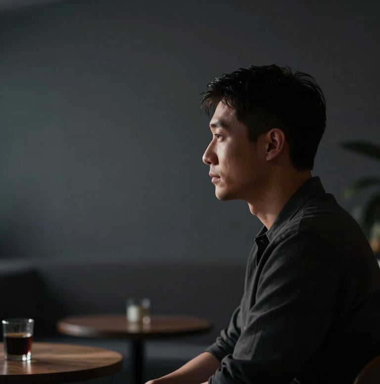 Cinematic low-light photography of an artist in a modern North American lounge. The subject is partially in silhouette against a charcoal gray background, with soft lighting highlighting the edges of their profile, creating an emotional and professional atmosphere.