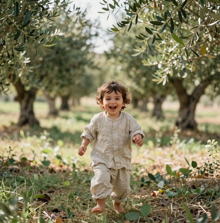A heartwarming, artistic outdoor shot of a laughing toddler in a light linen outfit, playing in a lush olive grove. Natural sunlight filters through the trees, creating a soft and inviting atmosphere with a palette of greens and earth tones. Middle Eastern / Turkish countryside.