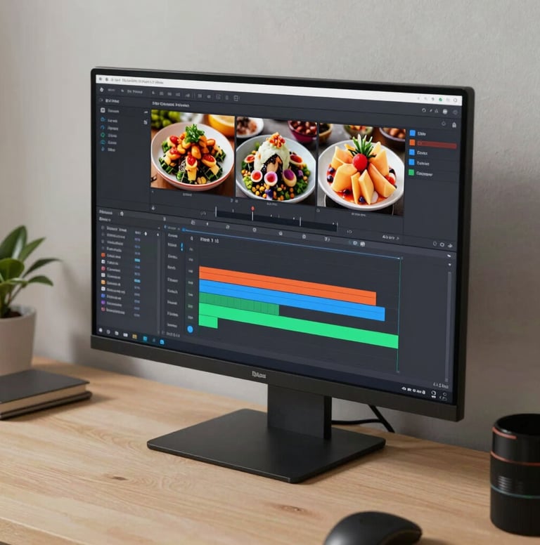 Close-up of a video editor's workspace, showing editing software on a screen with a colorful food video timeline, parchment-colored desk, soft cinematic lighting, minimalist aesthetic.