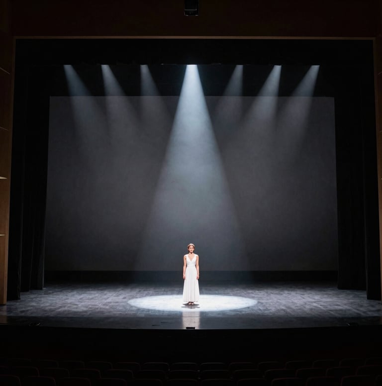 A wide-angle professional photograph of a grand North American / US theater stage during a performance. The composition is minimalist and elegant, featuring a single performer under a crisp spotlight with a deep gray and white color palette.