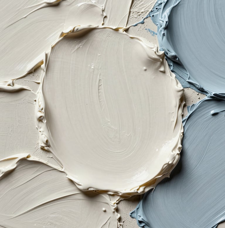 Macro photography showing rich impasto textures of off white and light blue grey oil paint, dramatic side lighting highlighting the three-dimensional surface, sophisticated artistic style.