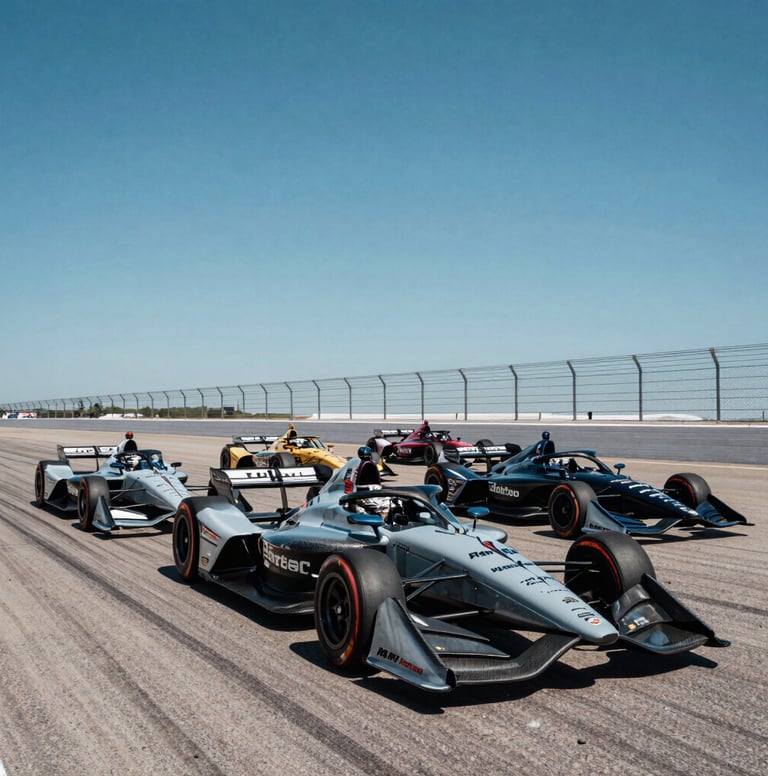 Wide-angle photography of a sweeping corner at an American motorsport track under a clear blue sky, capturing a pack of IndyCar vehicles in a tight formation, high-contrast lighting emphasizing the metallic and carbon fiber textures, clean and modern composition.