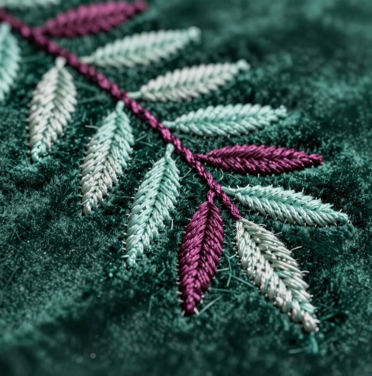 A high-detail macro photograph of intricate hand-stitching on a forest green velvet background. The embroidery features delicate leaf patterns in pale mint and dark magenta threads. The lighting is soft and ethereal, emphasizing the textile's rich texture. Western / Global style.